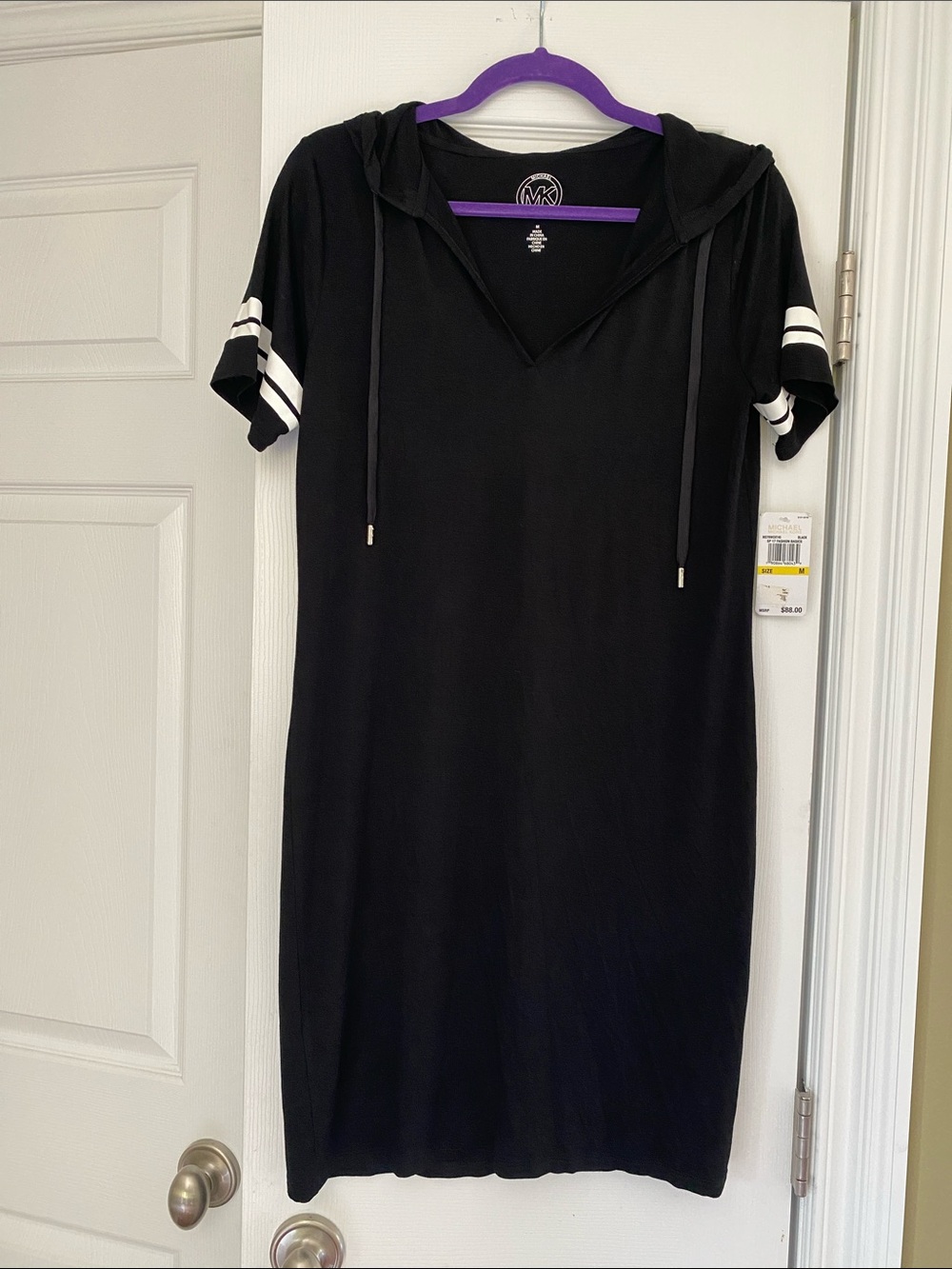 Michael Kors Black Tee Dress with Hood and White Sleeve Stripes
